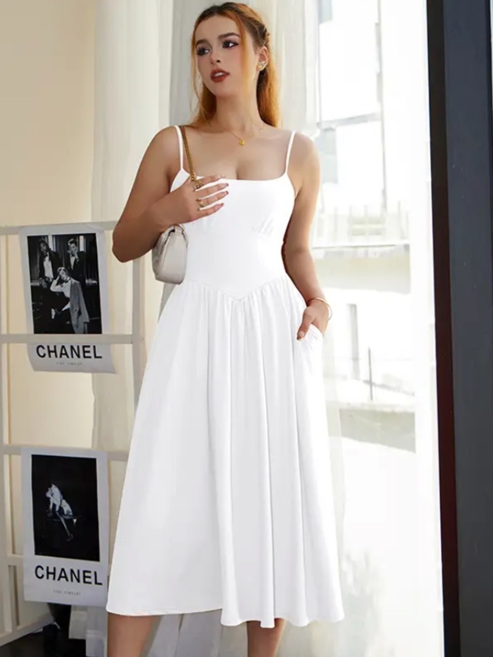 OYS Midi Dress Sleeveless Square Neck A-Line Flowy Back Tie Pockets White S NWT - Picture 4 of 7